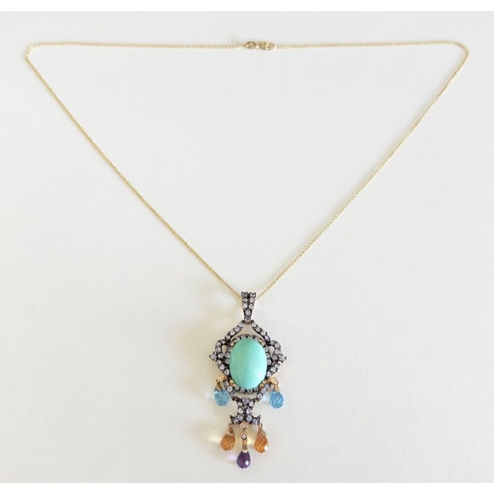 14k Yellow Gold Turquoise Multi Gemstone Chandelier Pendant Chain Necklace 18"